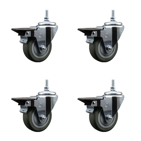 Service Caster 35 Inch Gray Polyurethane 38 Inch Threaded Stem Caster Set with Brake SCC-TS20S3514-PPUB-PLB-381615-4